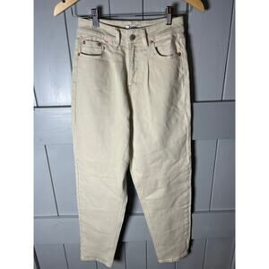 Oat Women's Cream Colored Straight Leg Pleated Denim Blue Jeans Size 25